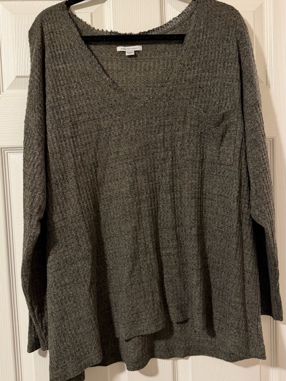 American Eagle Outfitters Olive Gray V-Neck Pocket Sweater